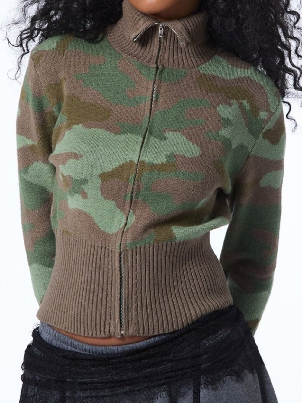 Green Casual Women's Camo Jacquard Zip Thru Fitted Cardigan
